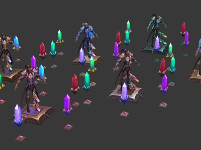 Game Characters Standing On Platforms With Colorful Crystals And Glowing Candles 3d model