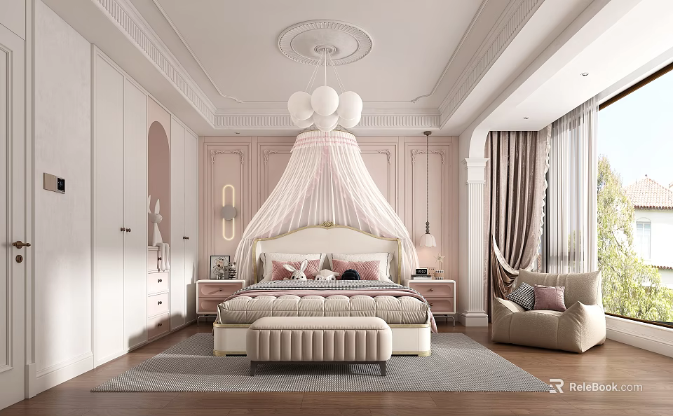 Pink Princess Kids Bedroom With Canopy Bed Chandelier And Area Rug 3d model 