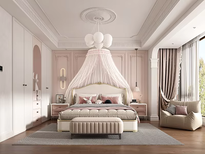 Pink Princess Kids Bedroom With Canopy Bed Chandelier And Area Rug 3d model