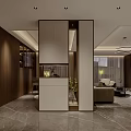 Elegant Warm Modern Living And Dining Interior With Wood Veneer And Marble TV Wall
