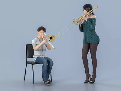 Two Musicians Playing Trombones In A Studio With Gray Background 3d model