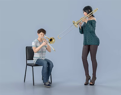 Two Musicians Playing Trombones In A Studio With Gray Background 3d model