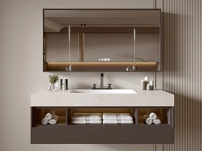 Bathroom Cabinet with Mirror Marble Countertop Faucet Toiletries and Towels Storage 3d model