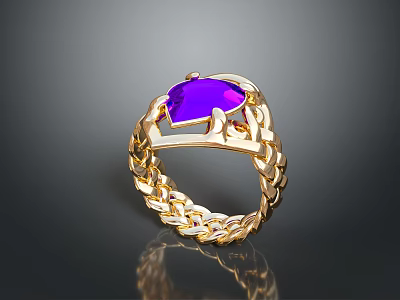 Elegant Gold Ring Featuring Purple Gemstone And Intricate Chain Link Band 3d model