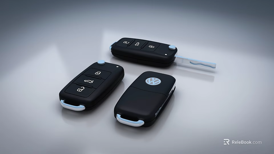 Sleek Black Digital Car Key Remote with VW Emblem and Blue Button Edges 3d model 