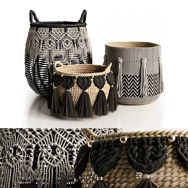 Set Of Woven Storage Baskets With Tassel Decor And Geometric Pattern For Home Organizing 3d model 