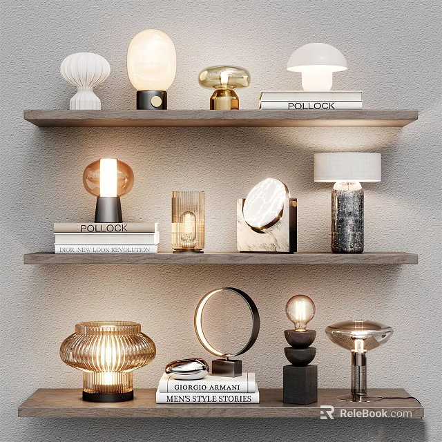 Stylish Table Lamps with Various Creative Designs Displayed on Shelves for Home Decor 3d model 