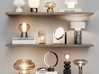 Stylish Table Lamps with Various Creative Designs Displayed on Shelves for Home Decor 3d model