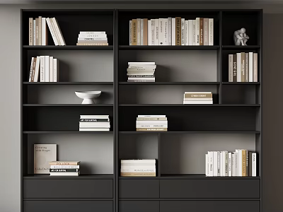 Black Bookshelf Featuring Multiple Shelves Books White Bowl And Small Sculpture 3d model