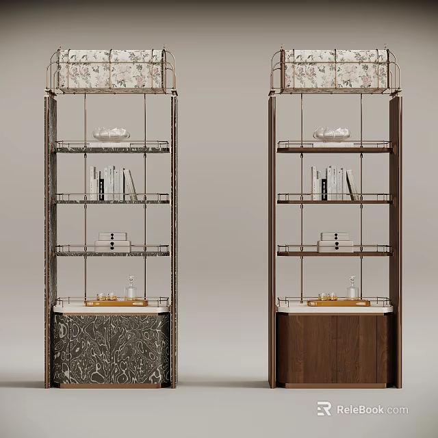 Two Wine Cabinets With Open Shelves Floral Top And Wooden Patterned Bases 3d model 