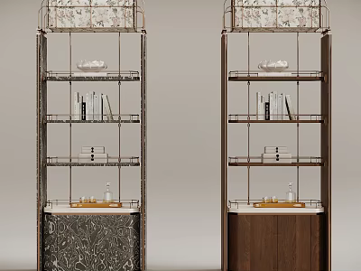 Two Wine Cabinets With Open Shelves Floral Top And Wooden Patterned Bases 3d model