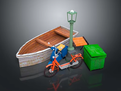 Outdoor Urban Scene Featuring Wooden Boat Street Lamp Orange Motorcycle And Green Trash Bin 3d model