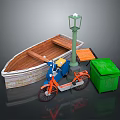 Outdoor Urban Scene Featuring Wooden Boat Street Lamp Orange Motorcycle And Green Trash Bin