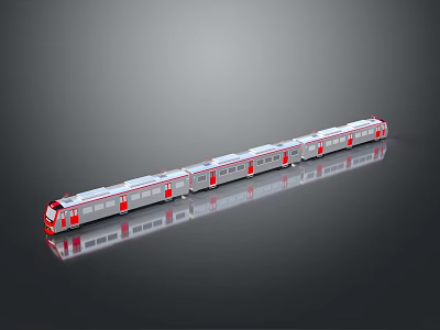 Modern Long Silver And Red Train With Multiple Carriages On Smooth Black Surface Showing Reflection 3d model