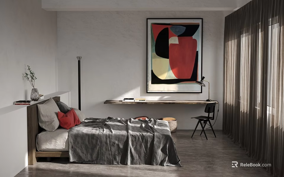 Modern Bedroom Interior With Large Abstract Painting Bed Pillows Curtains And Wooden Floor 3d model 