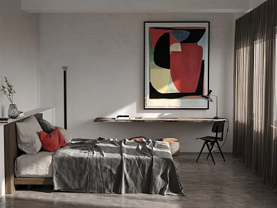 Modern Bedroom Interior With Large Abstract Painting Bed Pillows Curtains And Wooden Floor 3d model