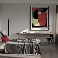 Modern Bedroom Interior With Large Abstract Painting Bed Pillows Curtains And Wooden Floor