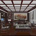 Chinese Style Office Interior Featuring Dark Wooden Furniture Fish Tank Tea Set And Green Plants