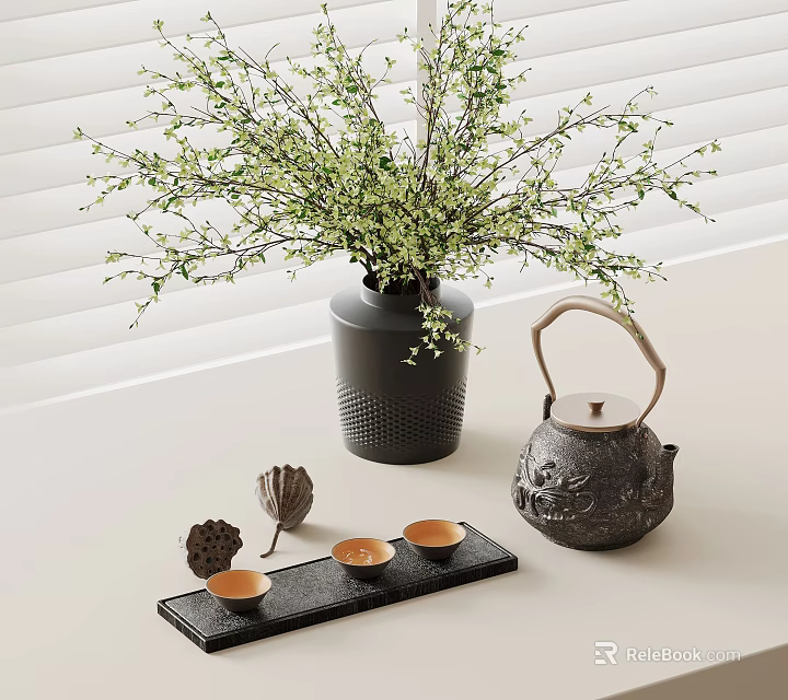 Elegant Tea Set With Cast Iron Teapot Small Cups Black Tray Green Branches And Vase 3d model 