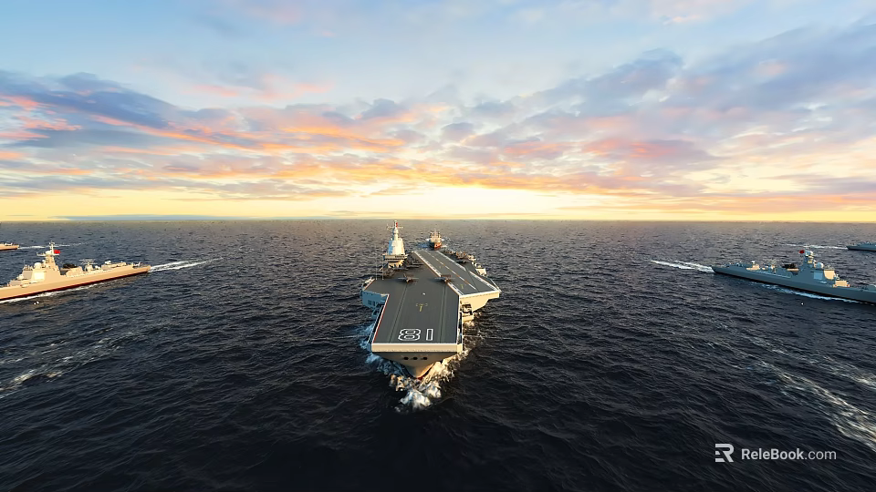 Aircraft Carrier Sailing On Ocean With Sunset Sky And Escort Ships 3d model 