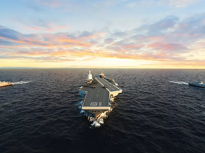 Aircraft Carrier Sailing On Ocean With Sunset Sky And Escort Ships 3d model