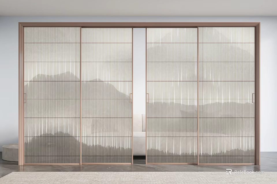 Modern Glass Sliding Doors With Mountain Pattern And Vertical Stripes 3d model