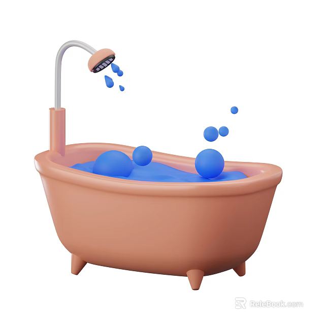 Adorable Pink Bathtub With Shower Head Blue Bubbles And Water in Bath Scene 3d model 