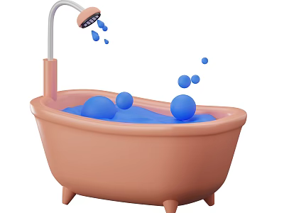Adorable Pink Bathtub With Shower Head Blue Bubbles And Water in Bath Scene 3d model