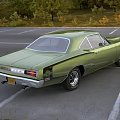 Green Classic Muscle Car With Two Door Design And Hood Vents In City Skyline