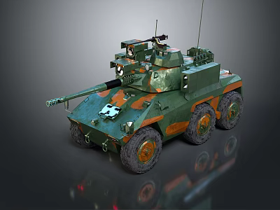 Military Armored Wheeled Tank With Camouflage Paint Turret Weapon System And Antenna Equipment 3d model