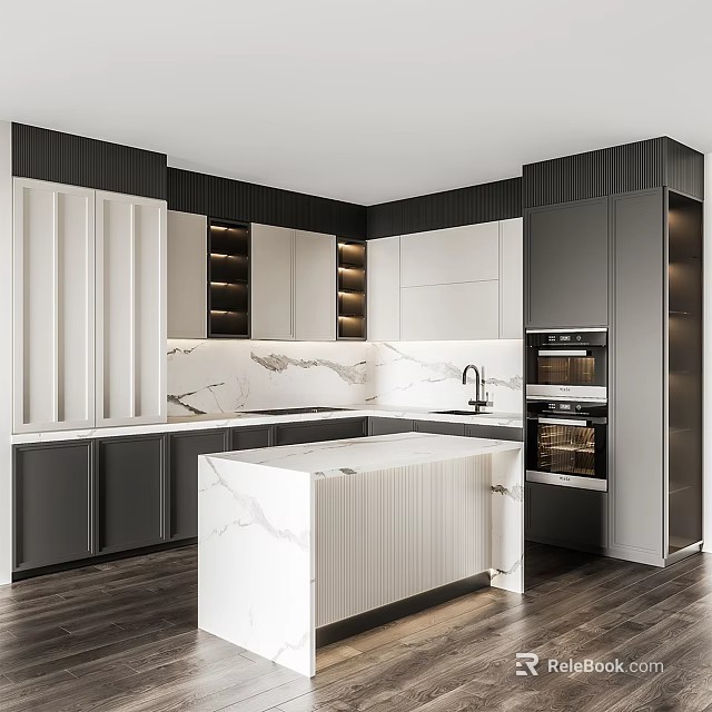 Modern Kitchen Interior With Marble Island Countertop Dark And White Cabinets And Oven 3d model 