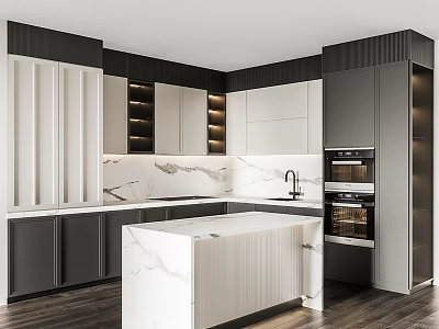 Modern Kitchen Interior With Marble Island Countertop Dark And White Cabinets And Oven 3d model