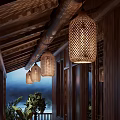 Wooden Corridor With Lantern Pendant Lights Wooden Structure And Misty Tree View Outside