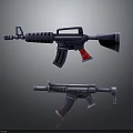 3D Rendered Firearms Design Featuring Rifles And Submachine Guns With Black Red Details On Dark Background