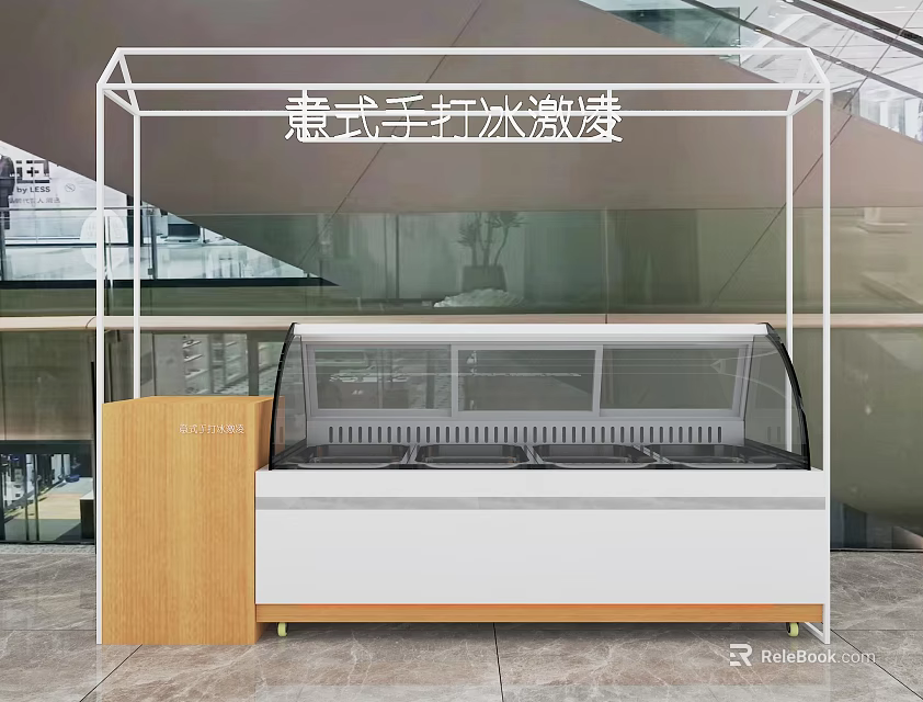 Modern Italian Handmade Gelato Display Cabinet With Glass Showcase White Frame And Wood Counter 3d model 