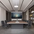 Modern Conference Room Interior With Long Table Black Chairs Wall Logo And Bookshelves
