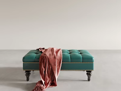 Green Tufted Ottoman With Pink Blanket And Black Wooden Legs On Neutral Background 3d model