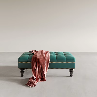 Green Tufted Ottoman With Pink Blanket And Black Wooden Legs On Neutral Background 3d model