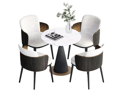 Modern Round Dining Table Set with White Chairs Dark Armrests Black Base and Green Plant 3d model