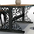Vintage Dining Table Set with Wooden Top Metal Frame Chairs Vase Flowers Gray Wall Clock