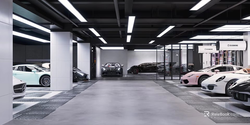 Modern Luxury Car Dealership Showroom With Sports Cars Glass Partitions And White Pillars 3d model 