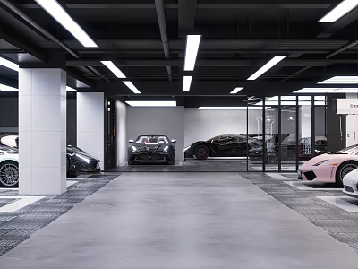 Modern Luxury Car Dealership Showroom With Sports Cars Glass Partitions And White Pillars 3d model