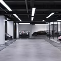 Modern Luxury Car Dealership Showroom With Sports Cars Glass Partitions And White Pillars