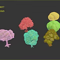 Colorful Decorative Tree Scene Components With Various Shapes And Green Pink Foliage