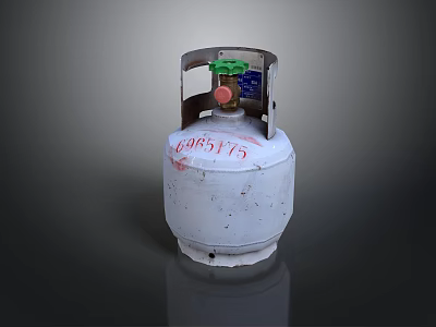 White LPG Cylinder With Red Numbered Label And Green Valve Handle 3d model