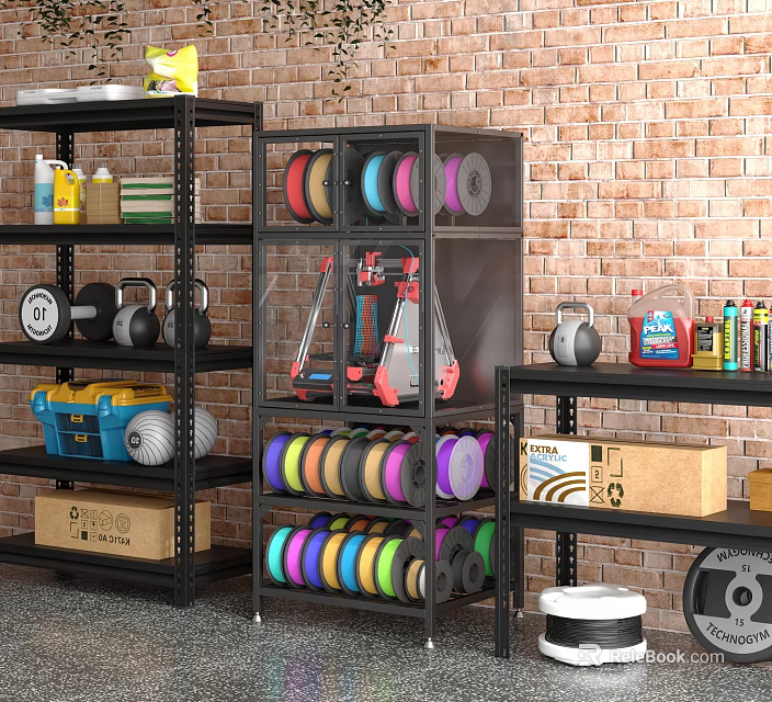 Organized Basement Storage With Brick Wall Metal Shelves Colorful Tape Rolls Kettlebells And Toolbox 3d model 
