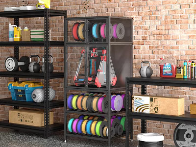 Organized Basement Storage With Brick Wall Metal Shelves Colorful Tape Rolls Kettlebells And Toolbox 3d model