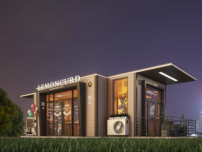 Lemongrass Container Building Cafe With Glass Doors Windows And Lawn Exterior Design 3d model
