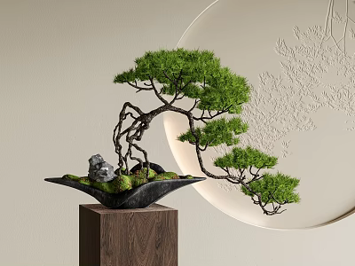 Pine Bonsai Tree With Curved Branches And Green Foliage In Black Pot On Wooden Stand 3d model
