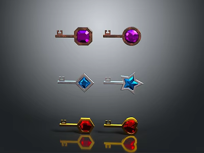 Decorative Metal Keys With Colored Gemstones In Various Shapes And Shiny Finish 3d model